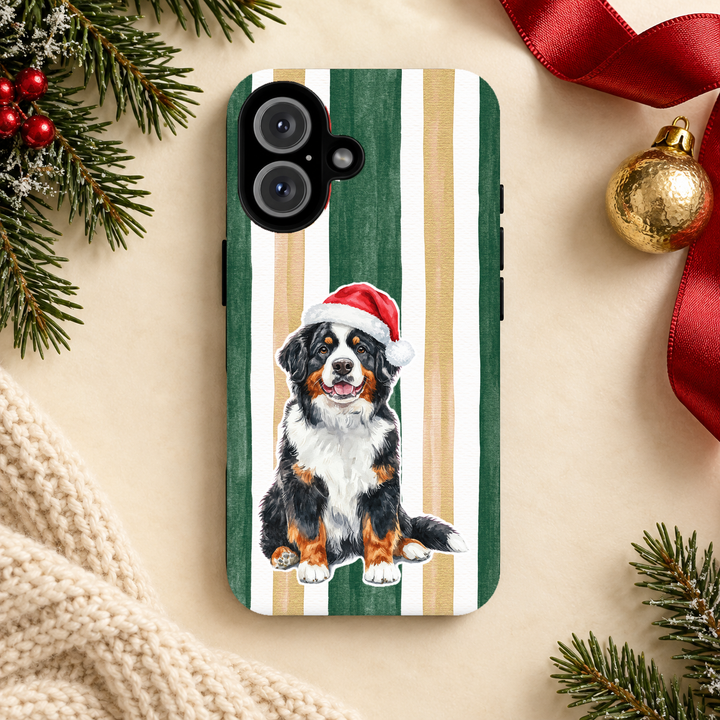 Bernese Mountain Dog Christmas Tough iPhone Case, Green Gold Stripes, Santa Dog Phone Cover