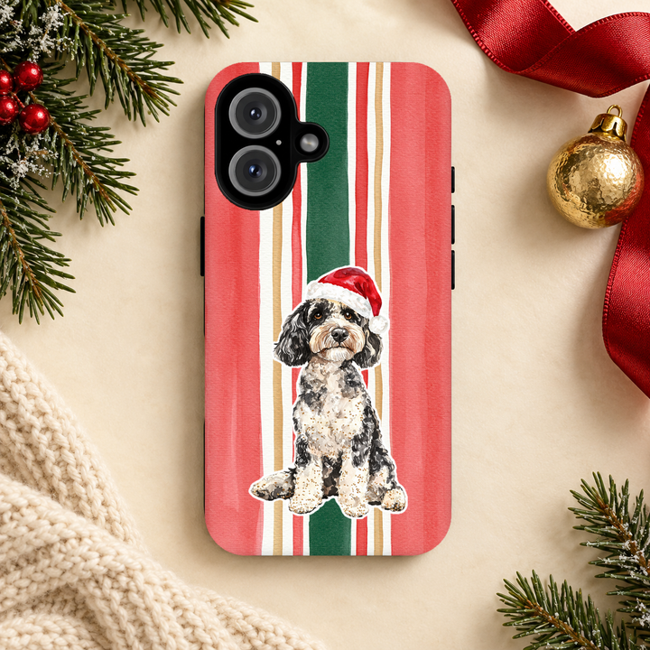 Doodle Christmas Tough iPhone Case, Classic Red Green Stripes, Santa Dog Phone Cover