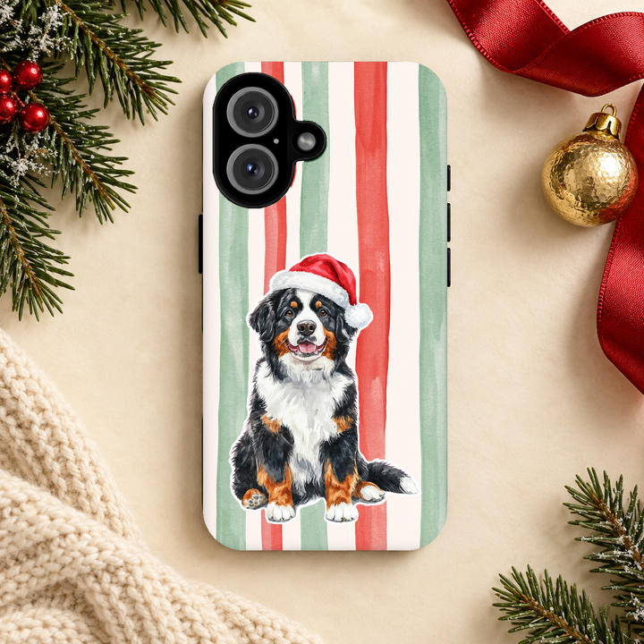 Bernese Mountain Dog Christmas Tough iPhone Case, Red Sage Stripes, Santa Dog Phone Cover
