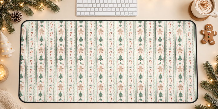 Sage Gingerbread Christmas Desk Mat, Candy Cane Stripe Desk Pad, Vintage Holiday Large Mouse Pad