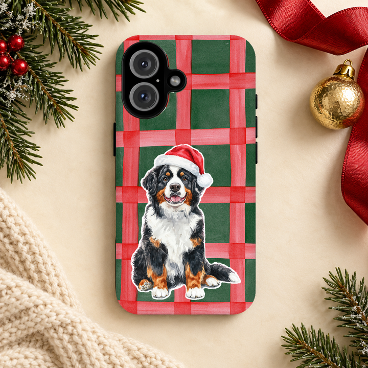 Bernese Mountain Dog Christmas Tough iPhone Case, Red Green Plaid, Santa Dog Phone Cover