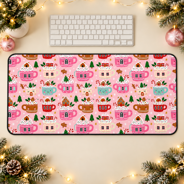 Pink Christmas Cocoa Desk Mat, Gingerbread Mug Desk Pad, Cute Holiday Large Mouse Pad