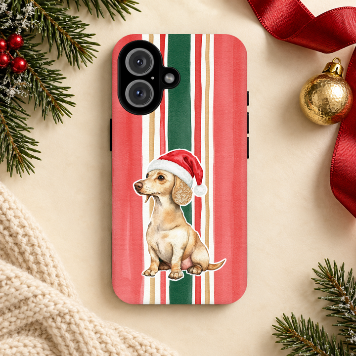 Dachshund Christmas Tough iPhone Case, Classic Red Green Stripes, Santa Dog Phone Cover