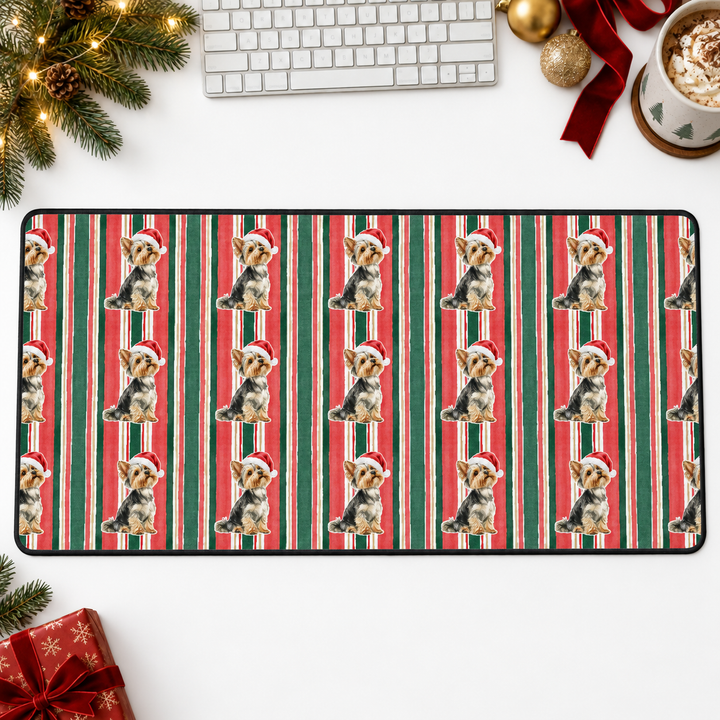 Yorkshire Terrier Christmas Desk Mat, Classic Red Green Stripes, Santa Dog Desk Pad