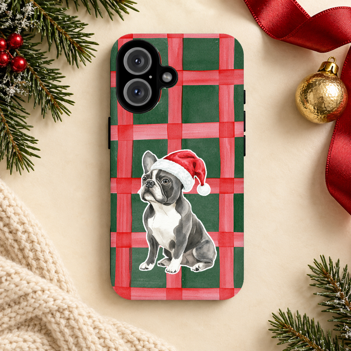French Bulldog Christmas Tough iPhone Case, Red Green Plaid, Santa Dog Phone Cover