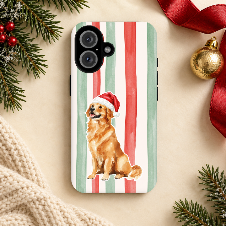 Golden Retriever Christmas Tough iPhone Case, Red Sage Stripes, Santa Dog Phone Cover