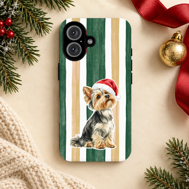 Yorkshire Terrier Christmas Tough iPhone Case, Green Gold Stripes, Santa Dog Phone Cover