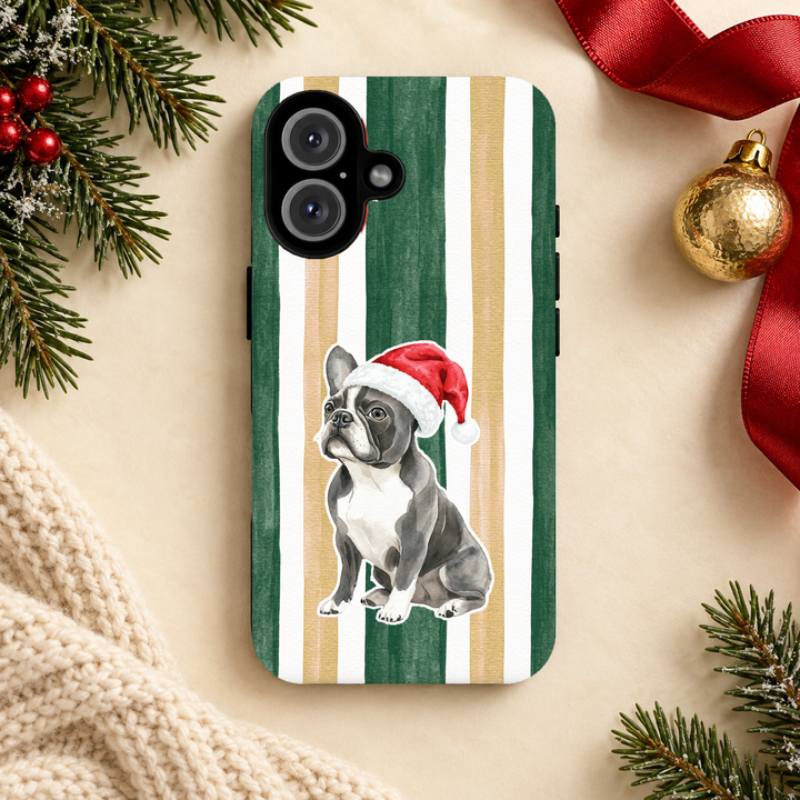 French Bulldog Christmas Tough iPhone Case, Green Gold Stripes, Santa Dog Phone Cover