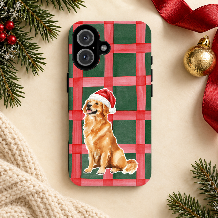 Golden Retriever Christmas Tough iPhone Case, Red Green Plaid, Santa Dog Phone Cover