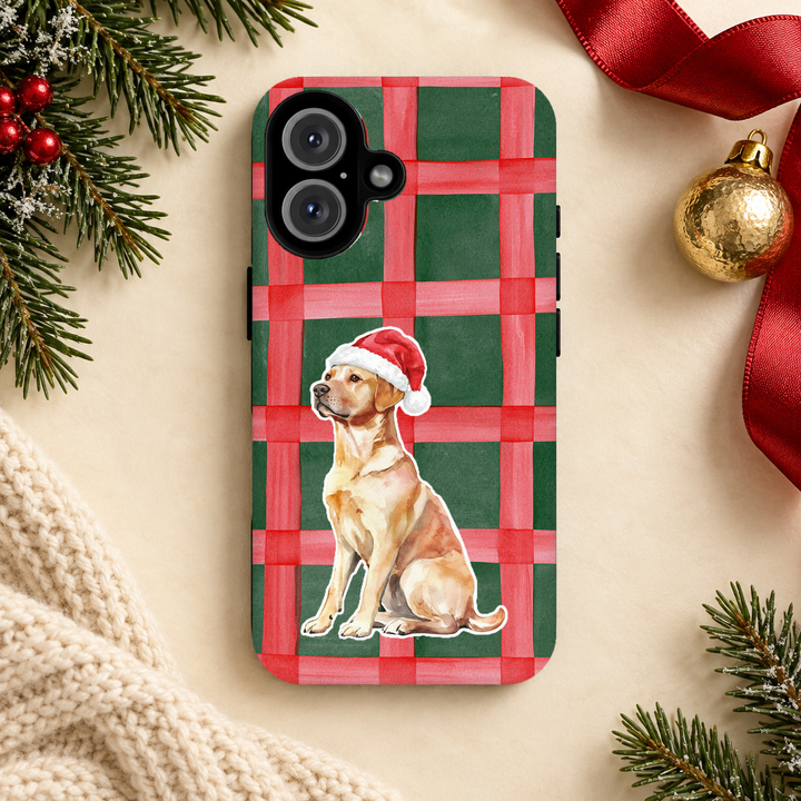 Yellow Labrador Christmas Tough iPhone Case, Red Green Plaid, Santa Dog Phone Cover