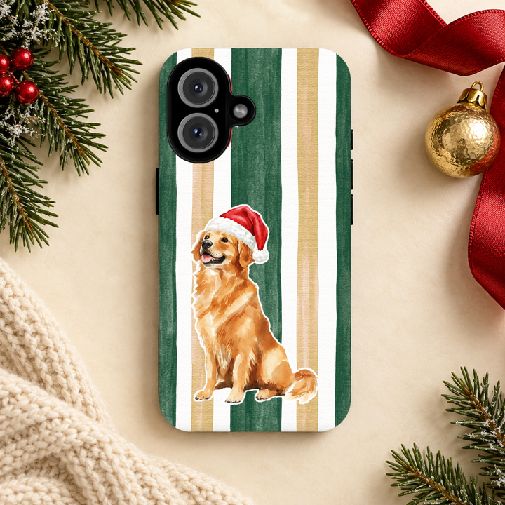 Golden Retriever Christmas Tough iPhone Case, Green Gold Stripes, Santa Dog Phone Cover
