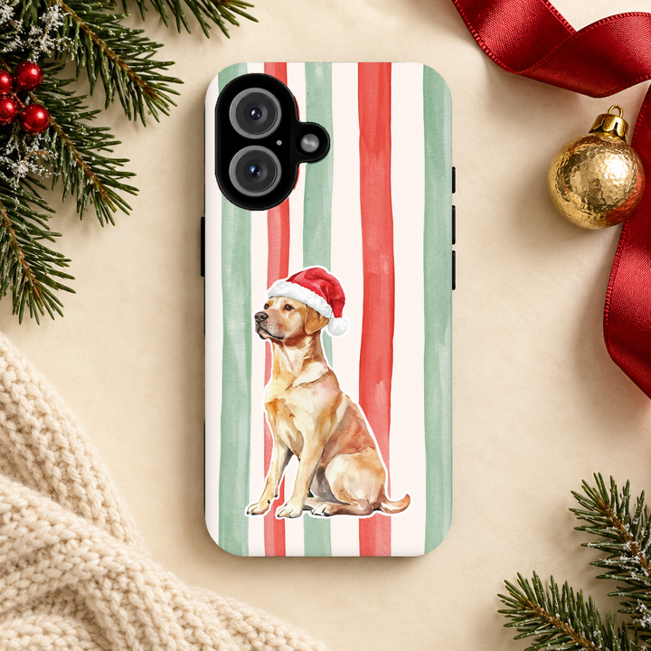 Yellow Labrador Christmas Tough iPhone Case, Red Sage Stripes, Santa Dog Phone Cover
