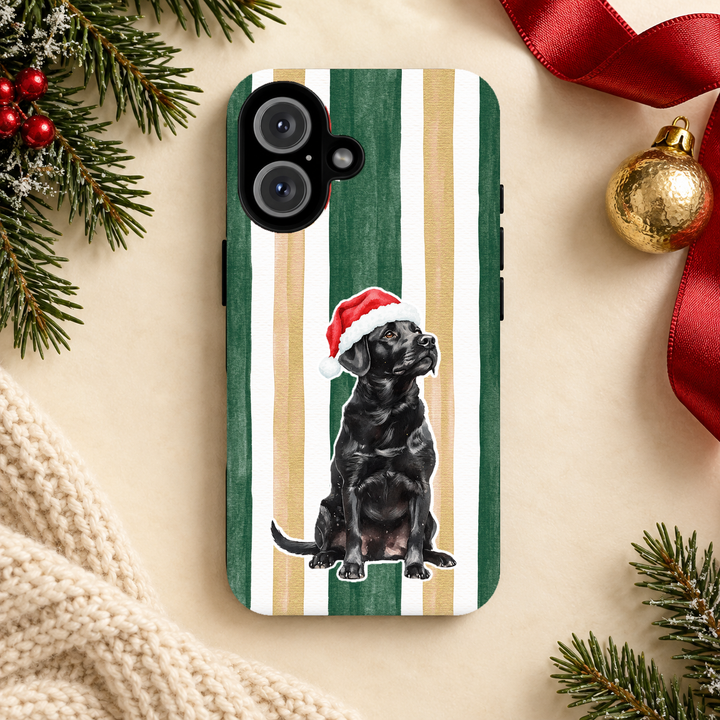 Black Labrador Christmas Tough iPhone Case, Green Gold Stripes, Santa Dog Phone Cover