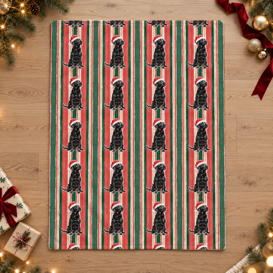 Black Labrador Christmas Velveteen Plush Blanket, Classic Red Green Stripes, Santa Dog Throw