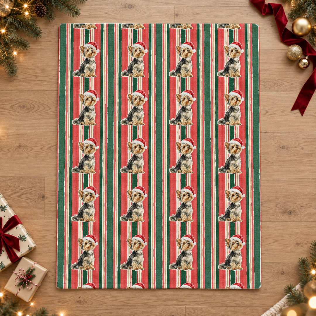 Yorkshire Terrier Christmas Velveteen Plush Blanket, Classic Red Green Stripes, Santa Dog Throw