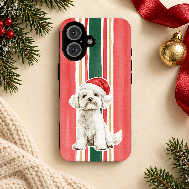 Maltese Christmas Tough iPhone Case, Classic Red Green Stripes, Santa Dog Phone Cover