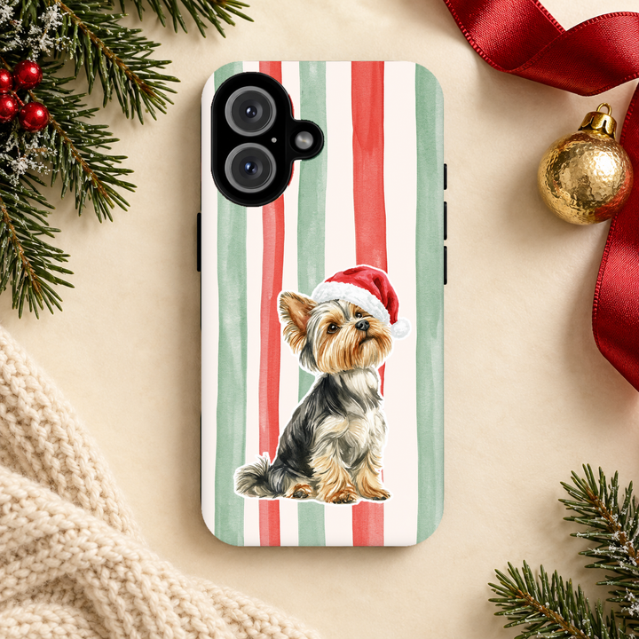 Yorkshire Terrier Christmas Tough iPhone Case, Red Sage Stripes, Santa Dog Phone Cover