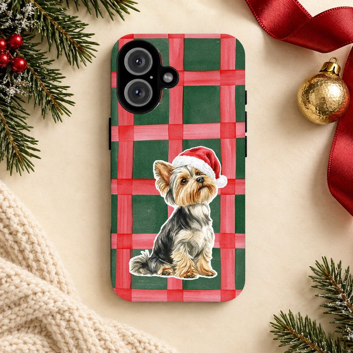Yorkshire Terrier Christmas Tough iPhone Case, Red Green Plaid, Santa Dog Phone Cover