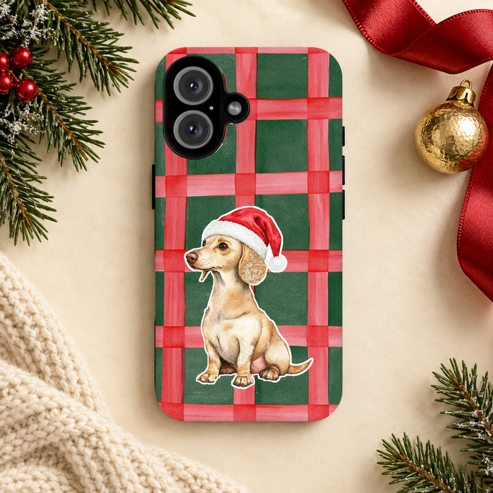 Dachshund Christmas Tough iPhone Case, Red Green Plaid, Santa Dog Phone Cover
