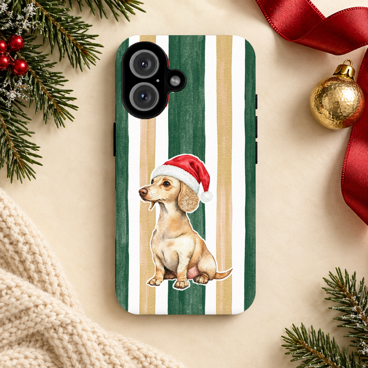 Dachshund Christmas Tough iPhone Case, Green Gold Stripes, Santa Dog Phone Cover