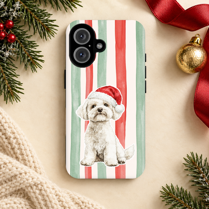Maltese Christmas Tough iPhone Case, Red Sage Stripes, Santa Dog Phone Cover