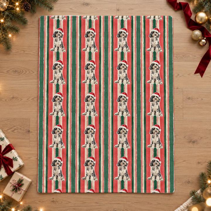 Doodle Christmas Velveteen Plush Blanket, Classic Red Green Stripes, Santa Dog Throw