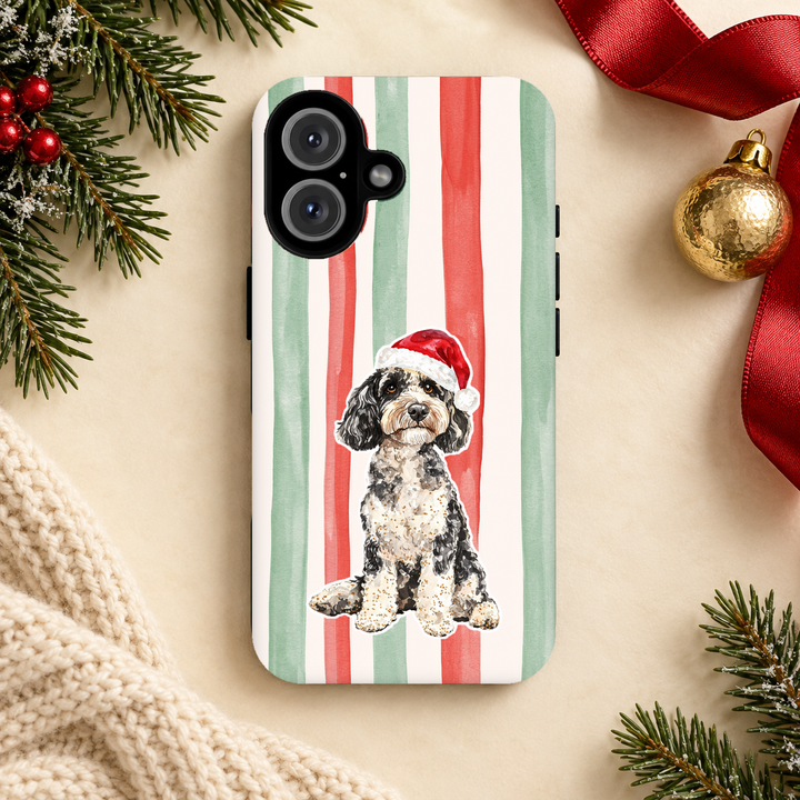 Doodle Christmas Tough iPhone Case, Red Sage Stripes, Santa Dog Phone Cover