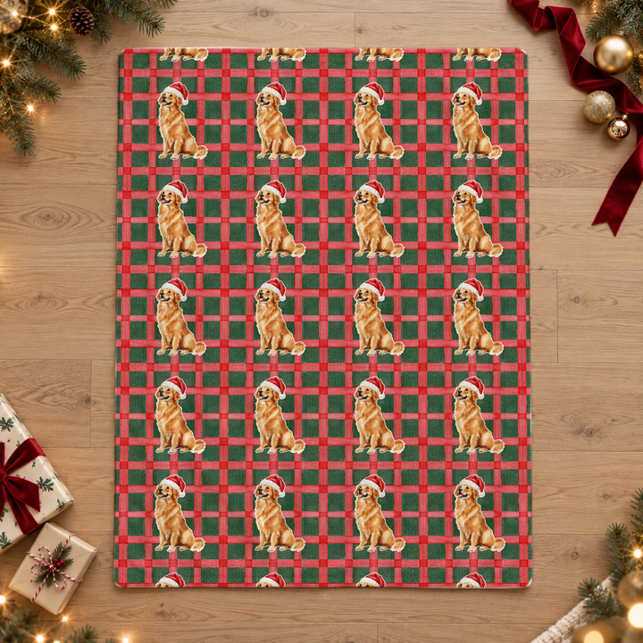 Golden Retriever Christmas Velveteen Plush Blanket, Red Green Plaid, Santa Dog Throw