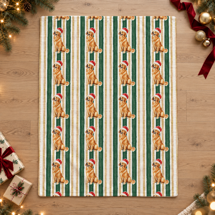 Golden Retriever Christmas Velveteen Plush Blanket, Green Gold Stripes, Santa Dog Throw