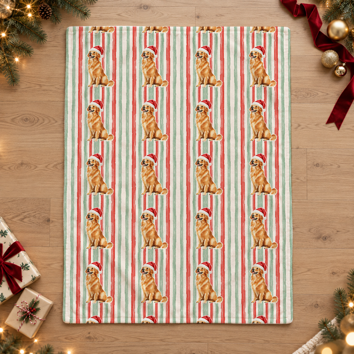 Golden Retriever Christmas Velveteen Plush Blanket, Red Sage Stripes, Santa Dog Throw