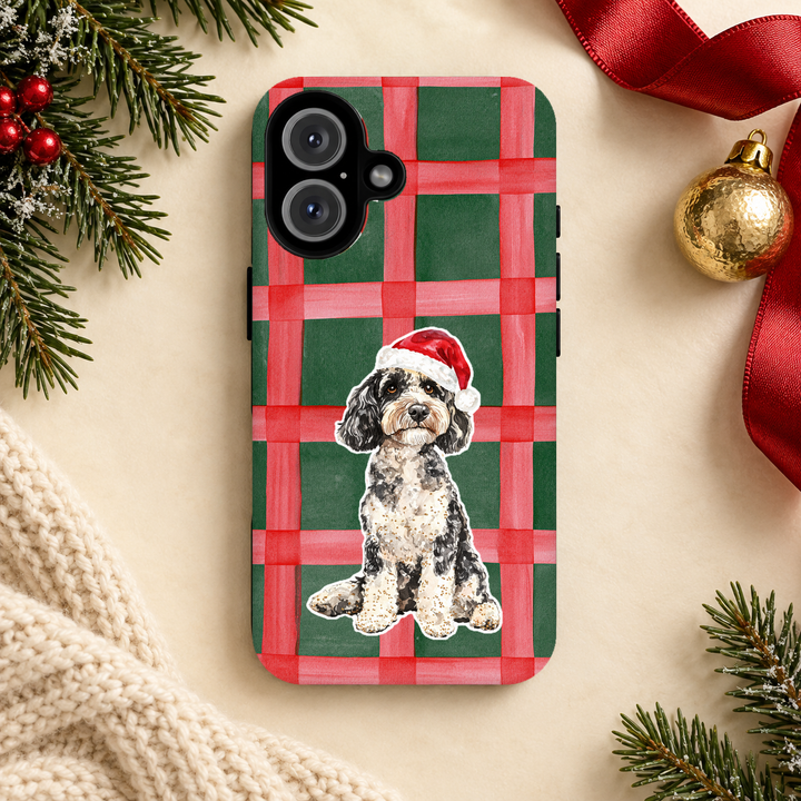 Doodle Christmas Tough iPhone Case, Red Green Plaid, Santa Dog Phone Cover
