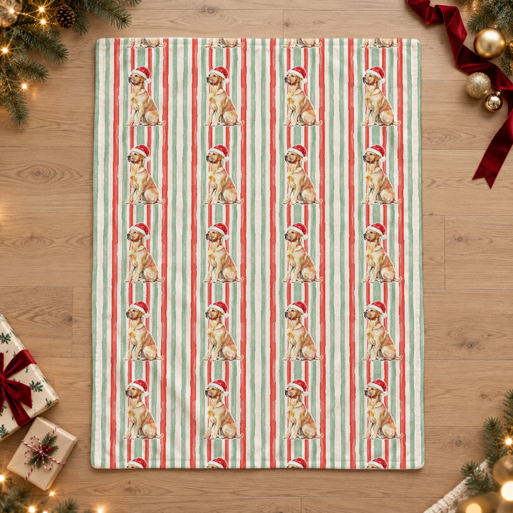 Yellow Labrador Christmas Velveteen Plush Blanket, Red Sage Stripes, Santa Dog Throw