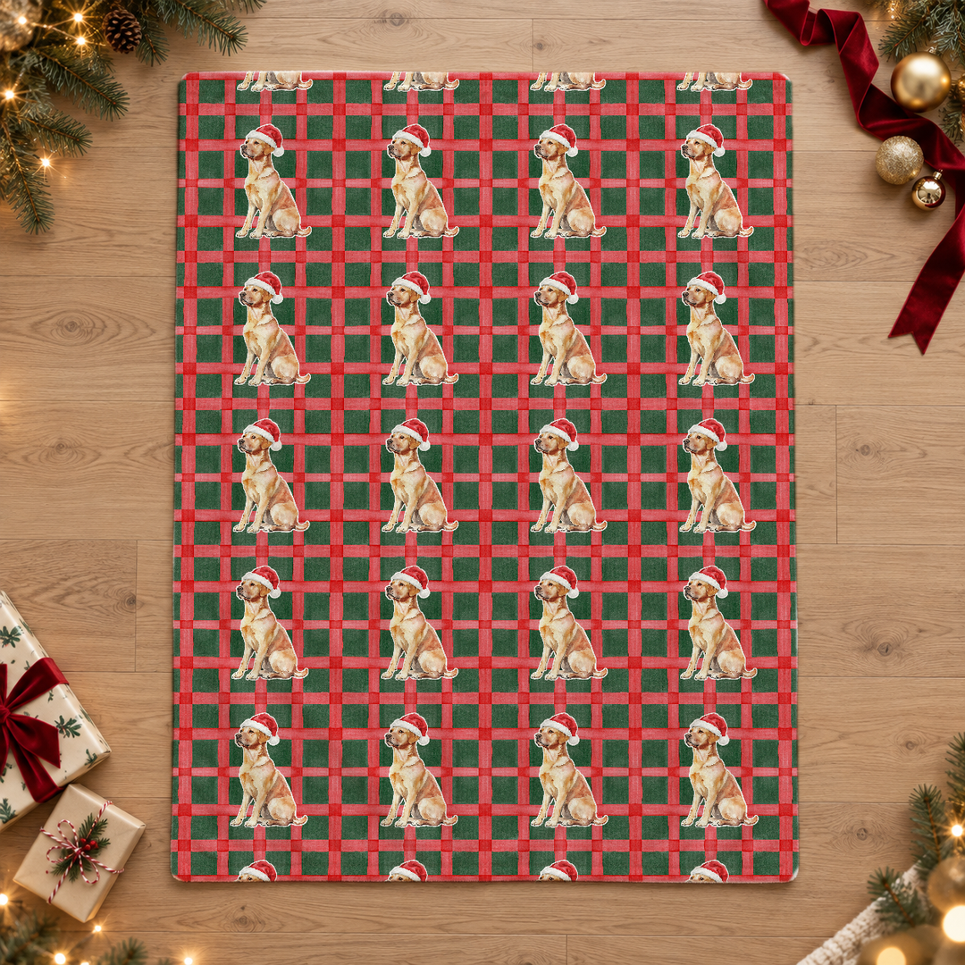 Yellow Labrador Christmas Velveteen Plush Blanket, Red Green Plaid, Santa Dog Throw