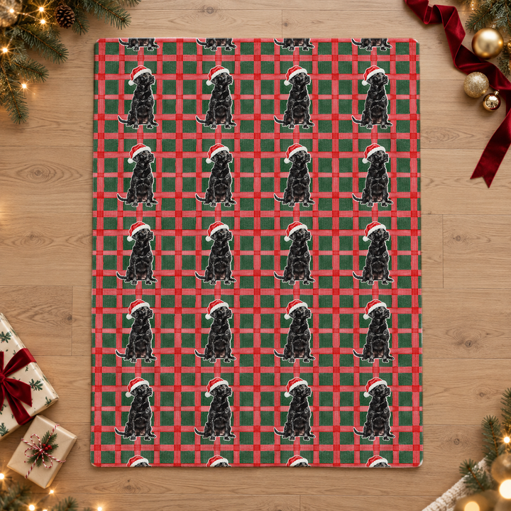 Black Labrador Christmas Velveteen Plush Blanket, Red Green Plaid, Santa Dog Throw