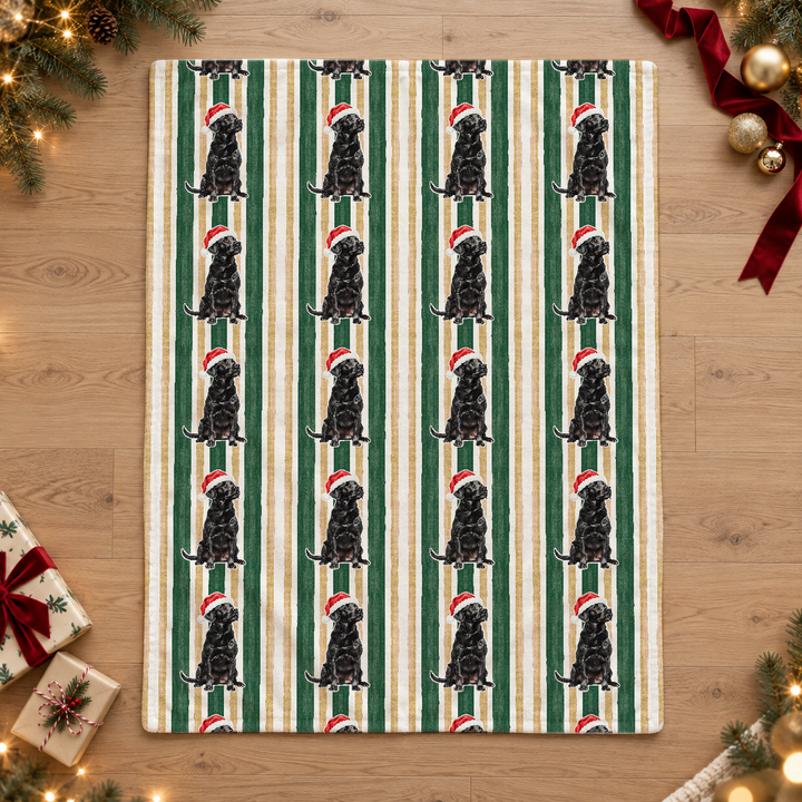 Black Labrador Christmas Velveteen Plush Blanket, Green Gold Stripes, Santa Dog Throw