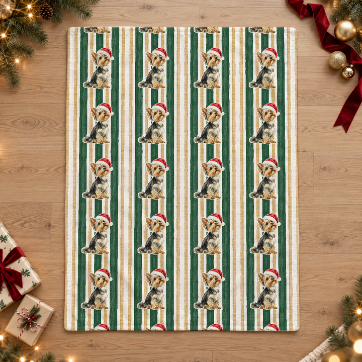 Yorkshire Terrier Christmas Velveteen Plush Blanket, Green Gold Stripes, Santa Dog Throw