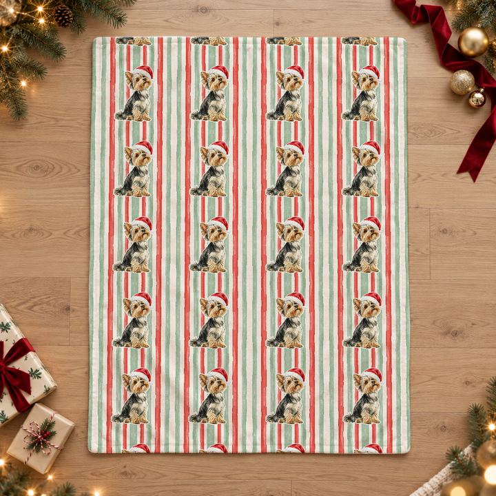 Yorkshire Terrier Christmas Velveteen Plush Blanket, Red Sage Stripes, Santa Dog Throw