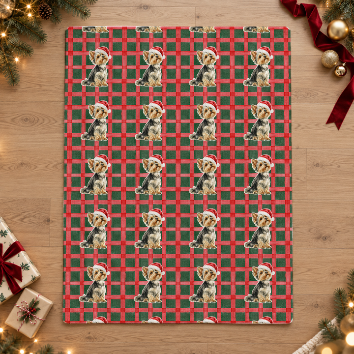 Yorkshire Terrier Christmas Velveteen Plush Blanket, Red Green Plaid, Santa Dog Throw