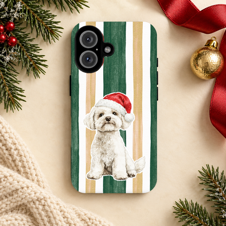 Maltese Christmas Tough iPhone Case, Green Gold Stripes, Santa Dog Phone Cover