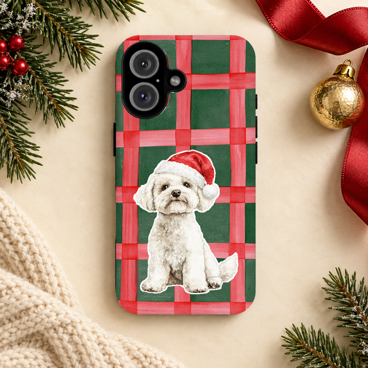 Maltese Christmas Tough iPhone Case, Red Green Plaid, Santa Dog Phone Cover