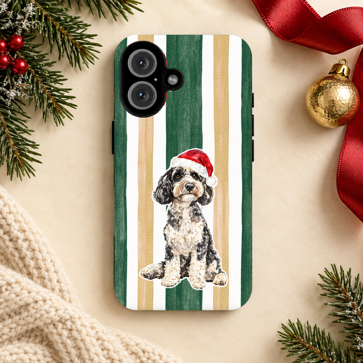 Doodle Christmas Tough iPhone Case, Green Gold Stripes, Santa Dog Phone Cover
