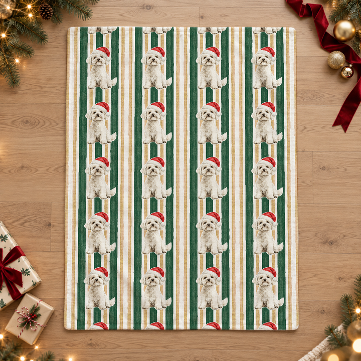 Maltese Christmas Velveteen Plush Blanket, Green Gold Stripes, Santa Dog Throw