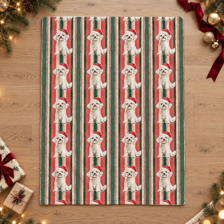 Maltese Christmas Velveteen Plush Blanket, Classic Red Green Stripes, Santa Dog Throw