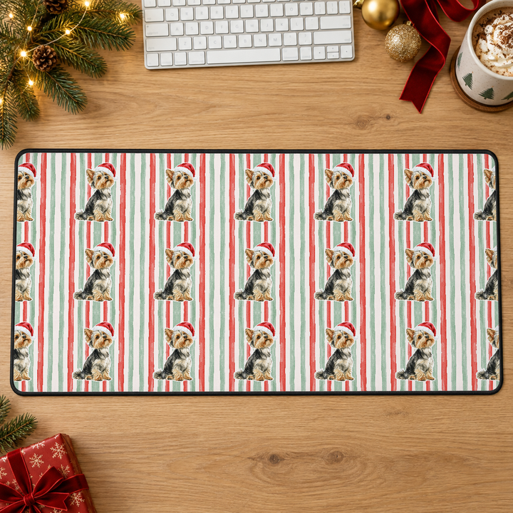 Yorkshire Terrier Christmas Desk Mat, Red Sage Stripes, Santa Dog Desk Pad