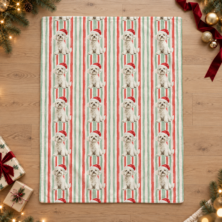 Maltese Christmas Velveteen Plush Blanket, Red Sage Stripes, Santa Dog Throw