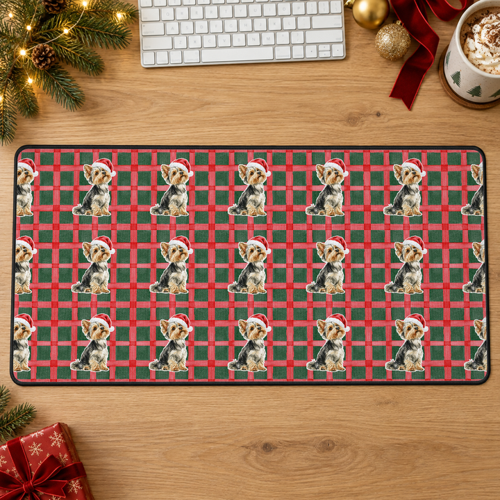 Yorkshire Terrier Christmas Desk Mat, Red Green Plaid, Santa Dog Desk Pad