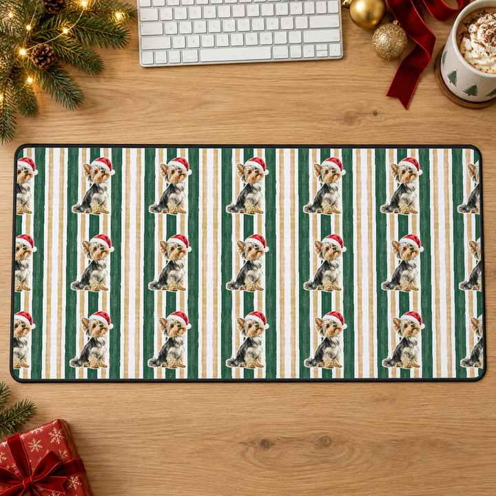 Yorkshire Terrier Christmas Desk Mat, Green Gold Stripes, Santa Dog Desk Pad