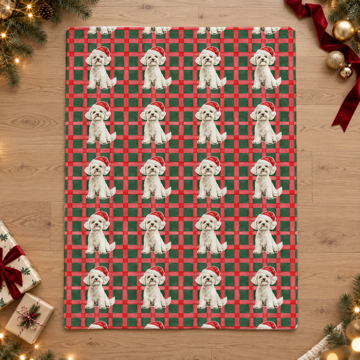 Maltese Christmas Velveteen Plush Blanket, Red Green Plaid, Santa Dog Throw
