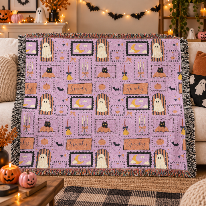 Pink Halloween Stamp Woven Blanket, Spooky Black Cat Ghost Pumpkin Cotton Throw, Pastel Witchy Home Decor