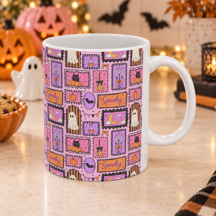 Pink Halloween Stamp Ceramic Mug, Spooky Black Cat Ghost Pumpkin Coffee Cup, Pastel Witchy Gift, 11oz and 15oz